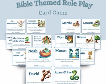 May include: A set of 12 colorful illustrated cards featuring Bible stories. Each card has a title, a description of the story, and an image related to the story. The cards are designed for a role-playing game.