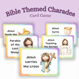 Bijbelspel, Bible Charades-kaartspel, christelijk geloof, christelijk spel, Bijbelpersonages, zondagsschool, Oude en Nieuwe Testament, Thuisonderwijs,