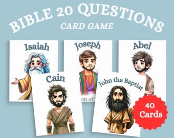 May include: A set of 40 illustrated cards featuring Bible characters for a 20 questions card game. The cards feature colorful illustrations of characters like Isaiah, Cain, Joseph, Abel, and John the Baptist.