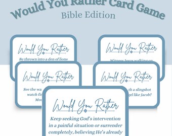 May include: A set of blue and white cards with the text "Would You Rather" and various Bible-themed questions. The cards are designed for a game.
