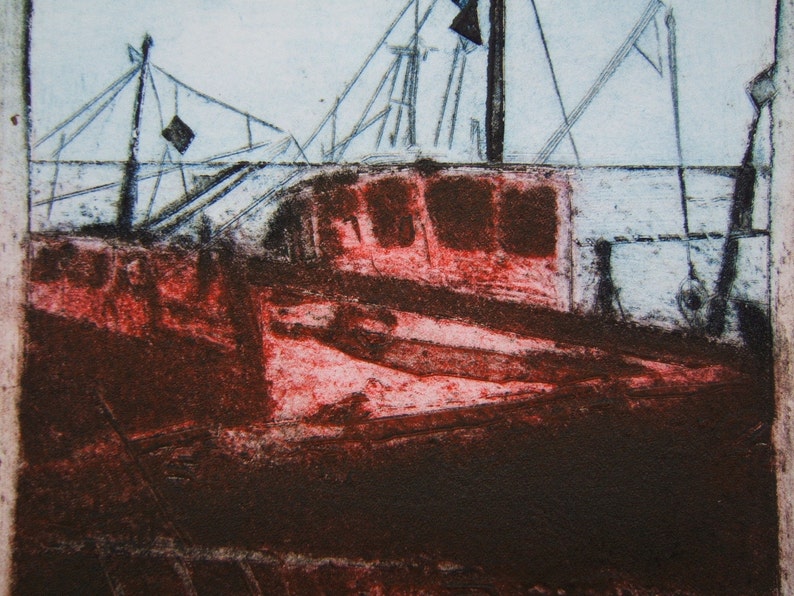 Beached Boat Original Collagraph Hand Pulled Artist Print image 1