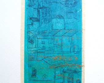 Small Town View (Original Dry Point with Chine Colle Hand Pulled Artist Print)