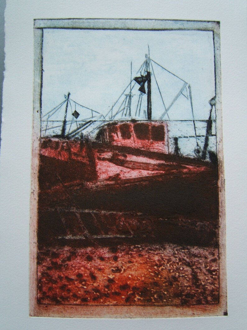 Beached Boat Original Collagraph Hand Pulled Artist Print image 2