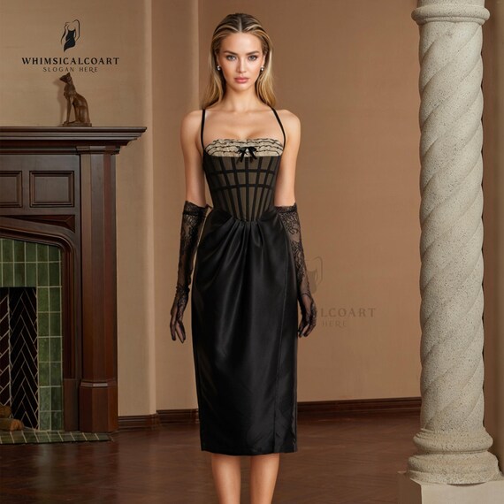black draped corset dress Women's Black Corset Bardot Draped Midi Dress