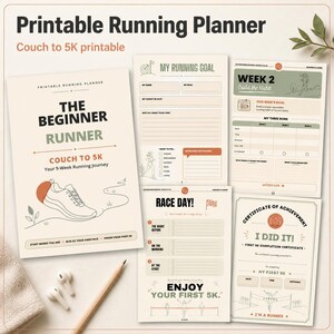 Może przedstawiać: Zestaw do druku dla biegaczy zawierający stronę tytułową The Beginner Runner Couch to 5K, a także strony My Running Goal, Week 2 Build the Habit, Race Day oraz certyfikat ukończenia z ilustracją buta do biegania.