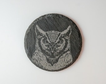 Owl Coaster | Slate Drink Coaster with Engraved Owl