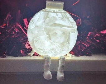Personalised Christmas Bauble with Legs – Articulated Sitting Version