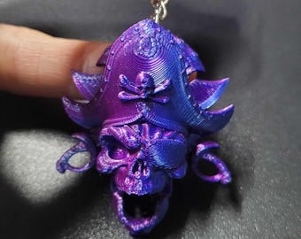 3D Printed Pirate Skull Keychain: PLA Silk Purple & Blue, Eco-Friendly