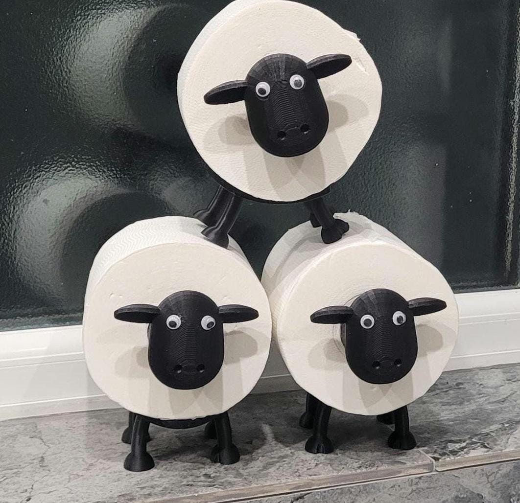 Sheep Toilet Roll Holder – Black 3D Printed Freestanding Set, Funny Bathroom Decor, No Assembly Required, Hilarious Gift For Housewarming