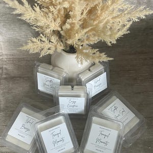 May include: Assortment of wax melts in clear plastic containers with labels. The scents include "Soothe Your Soul", "Island Breeze", "Cozy Campfire", "Tranquil Moments", and "Gift of Calm".