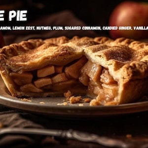 May include: An apple pie on a plate with a slice removed, revealing a chunky apple filling. The text reads APPLE PIE and NOTES OF BAKED APPLE, CARDAMOM, LEMON ZEST, NUTMEG, PLUM, SUGARED CINNAMON, CANDIED GINGER, VANILLA & CLOVE.
