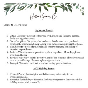 May include: A white background with the text "Holland James Co." in a handwritten font, and a list of scents and descriptions. The list includes "Citrus Gardens", "Cozy Campfire", and "Island Breeze".