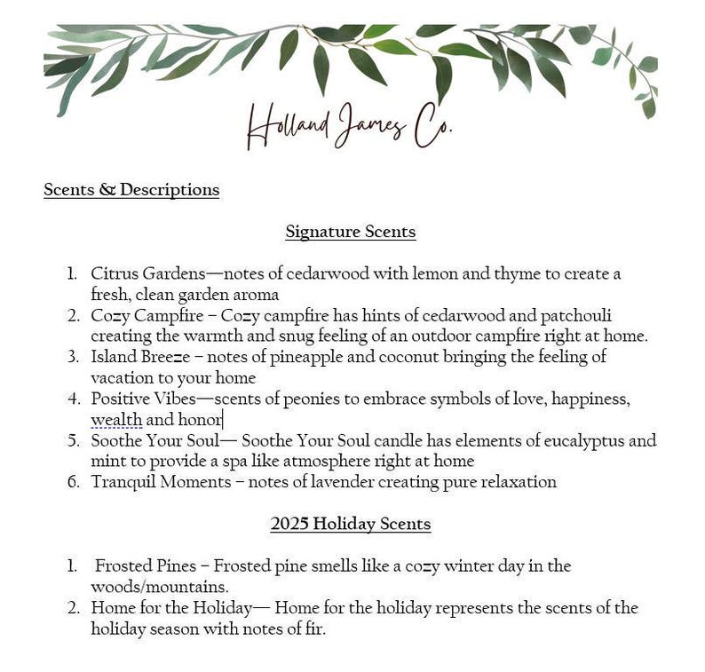 May include: A white background with the text "Holland James Co." in a handwritten font, and a list of scents and descriptions. The list includes "Citrus Gardens", "Cozy Campfire", and "Island Breeze".