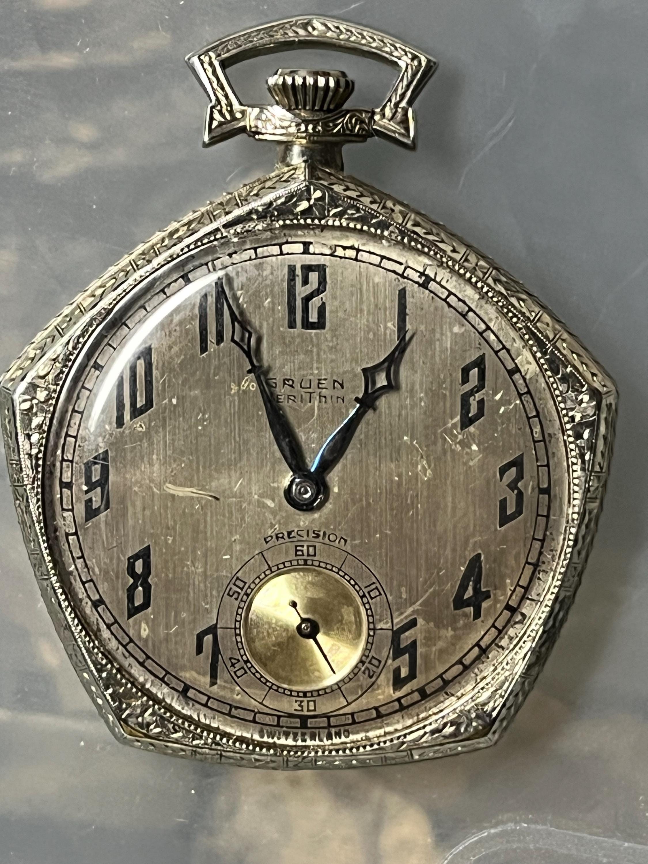 Rare Vintage GRUEN Very Thin Pentagon Pocket Watch 14kwhite Gold