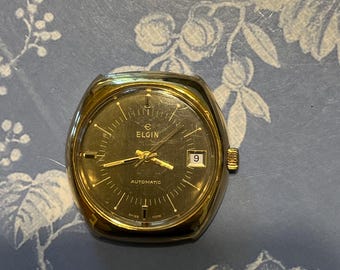 ELGIN SWISS date watch FF 905 movement 38 mm automatic gray dial yellow case