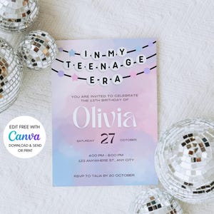 Modelo de convite de aniversário de 13 anos com tema Taylor Swift editável | Convite para festa Swiftie para impressão | Cartão de aniversário digital personalizado para meninas