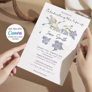 Modèle modifiable d'invitation aux funérailles | Motif myosotis | Invitation au service commémoratif imprimable | Carte numérique personnalisée de célébration de la vie