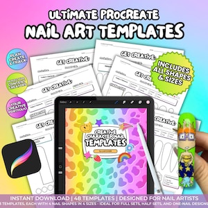May include: A set of 48 Procreate nail art templates for creating character nail designs. The templates include different shapes and sizes for full sets, half sets, and one-nail designs. The templates are designed for nail artists and feature a colourful, cartoon-style design.