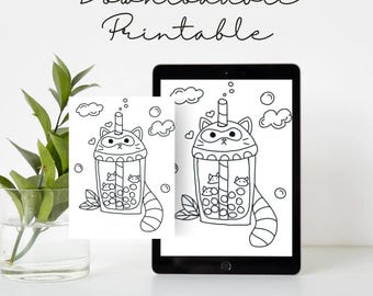 May include: Black and white downloadable printable featuring a cartoon boba tea with a raccoon face design. The image is displayed on a tablet and a printed sheet, with the text "Downloadable Printable" at the top.