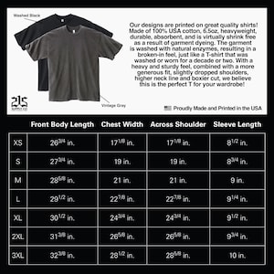 May include: Two short-sleeved t-shirts, one washed black and one vintage gray, are displayed. The image includes a size chart with measurements in inches for front body length, chest width, across shoulder, and sleeve length.