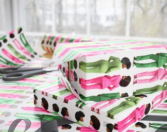 Inpakpapier, roze en groen damespatroon witte achtergrond, perfect voor cadeauverpakking, verjaardag, feestdagen, vrouwenclub geïnspireerd