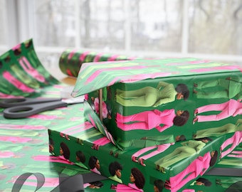 Wrapping Paper, Pink and Green Ladies Pattern green background, Perfect for Gift Wrapping, Birthday, Holidays, Sorority Inspired