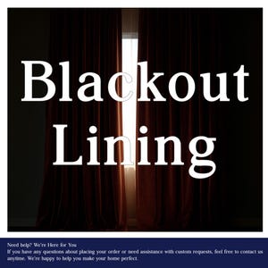 May include: The image displays dark red blackout curtains framing a bright window. The words "Blackout Lining" are prominently displayed in white text across the curtains. The curtains appear to be made of a thick, velvety material.