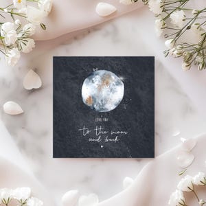 Postkarte mit Aquarellmotiv "Mond"- I love you to the moon and back, Geschenk für deine Liebsten, quadratisches XXL Format