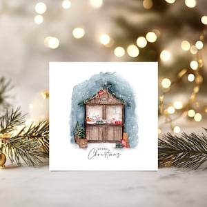 Postkarte mit Aquarellmotiv "Weihnachtsmarktstand"- Merry Christmas, Geschenk zu Weihnachten, quadratisches XXL Format