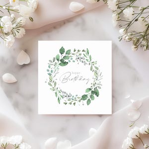 Postkarte mit Aquarellmotiv "Blätterkranz Greenery" - Happy Birthday, Karte zum Geburtstag,  quadratisches XXL Format