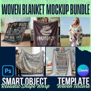 Mockup Bundle - Fringed Woven Throw Blanket | Canva and Photoshop Templates, Realistic Texture, Woven Color Adjustment, Digital Download