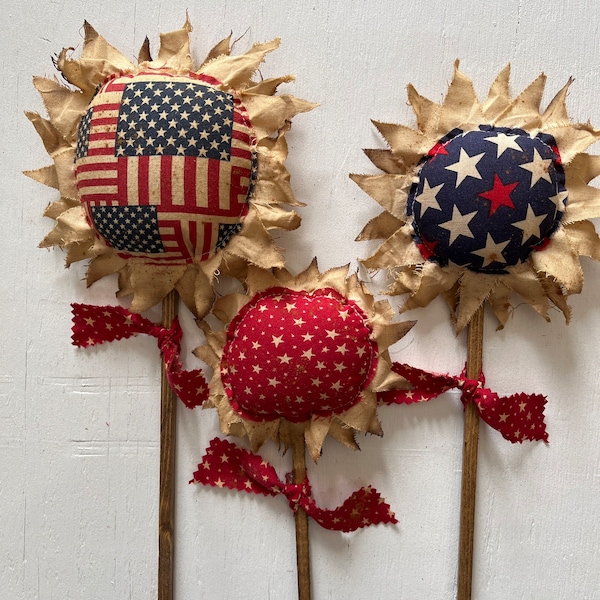 Primitive Americana Flower,Americana Flowers,Americana Decor,Primitive 4thOfJuly,Flower Pokes,Americana Fabrics May Vary,Set of 3