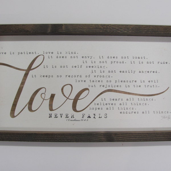Love Never Fails,Love Is Patient,1 Corinthians 13,Love Is Kind,Rustic Shadowbox Frame,19" W x 10"T,Marla Rae