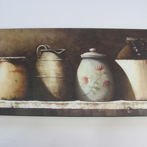 May include: A painting of a still life featuring five brown and white ceramic jugs with a floral design on one of the jugs. The jugs are arranged in a row on a shelf.