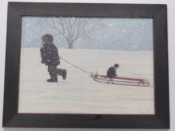 Winter Wall Decor, Seasonal Wall Decor,Children, Cat, Wall Decor, Handmade Distressed Frame,Sledding,18 1/2"W x 14 1/2"H