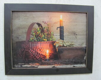 Primitive/Country Wall Decor,Baskets,Candle,Handmade Distressed Frame,18 1/2"Wx14 1/2"H,Susie Boyer