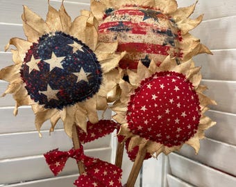 Primitive Americana Flower,Americana Flowers,Americana Decor,Primitive 4thOfJuly,Flower Pokes,Americana Fabrics May Vary,Set of 3
