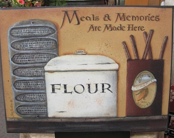 Kitchen Wall Decor,Memories Made Here,Flour Canister,Country Kitchen Decor,Primitive Kitchen,Wood Art Sign,Pam Britton,SALE!!