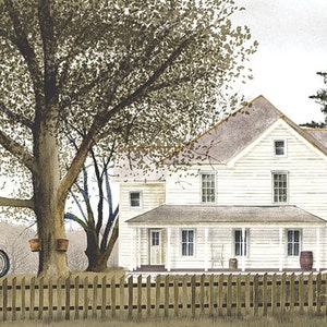 May include: A white farmhouse with a porch and a swing set in the front yard. The house is surrounded by a wooden fence and trees.
