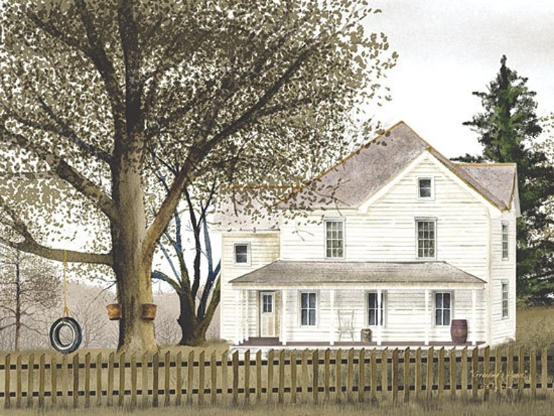 May include: A white farmhouse with a porch and a swing set in the front yard. The house is surrounded by a wooden fence and trees.