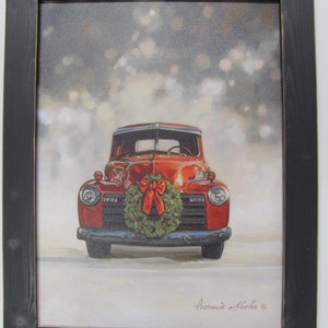 Red Pickup Truck,Christmas Pickup Truck,Christmas Wall Decor,Truck Decor,Distress Handmade Frame,14 1/2&quot;Wx18 1/2&quot;H,Bonnie Mohr