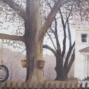 May include: A painting of a white house with a brown roof and a porch. There are two trees in the front yard, one with a tire swing and two buckets hanging from the branches. The house has a white picket fence.