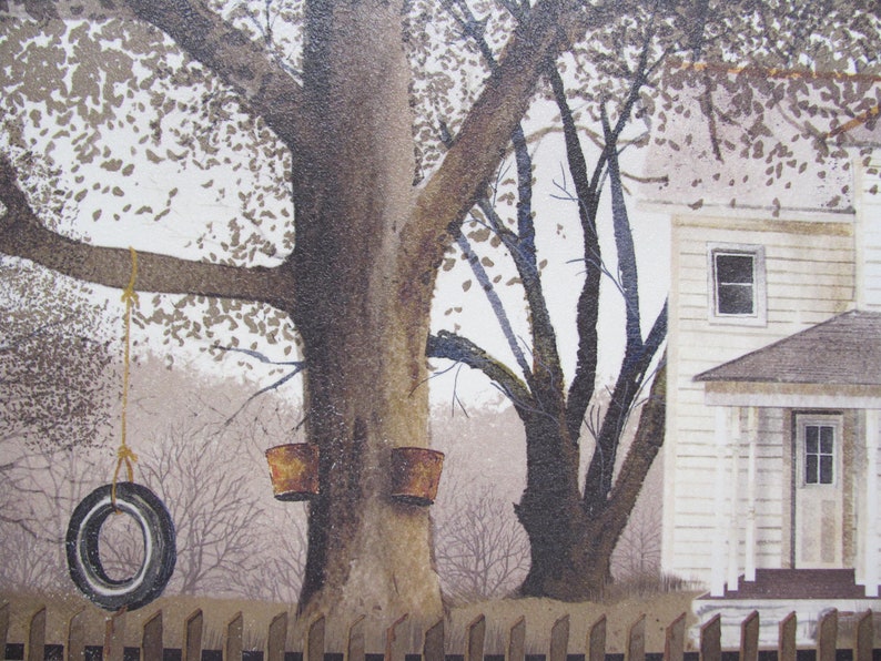 May include: A painting of a white house with a brown roof and a porch. There are two trees in the front yard, one with a tire swing and two buckets hanging from the branches. The house has a white picket fence.