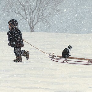 May include: A child wearing a black winter coat pulls a red sled through the snow. A black and white cat sits on the sled, looking ahead.