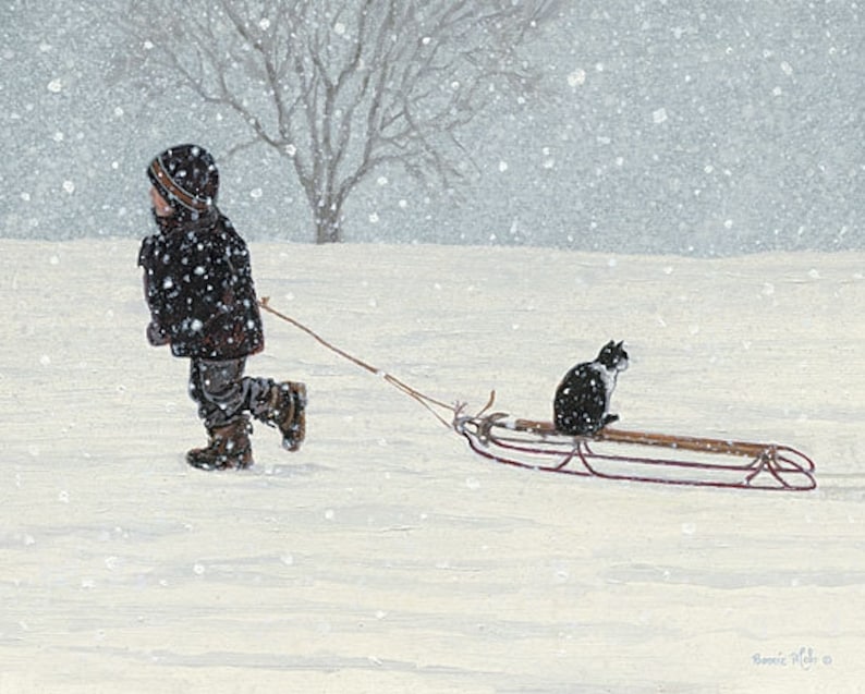 May include: A child wearing a black winter coat pulls a red sled through the snow. A black and white cat sits on the sled, looking ahead.