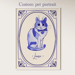 Aanpasbare huisdierkunst, kattenportret op maat, Delfts blauwe muurkunst, modern rustiek interieur, poster keramiek, modern rustiek interieur, Gzhel