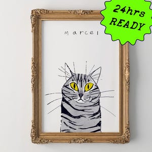 Custom-made Pet Portrait from photo, Simple Pet Art, Customizable Cat Line-art, Modern Pet Poster, Tabby Cat Decor, Wall Art Addition