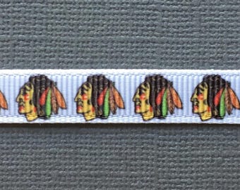 CHICAGO BLACKHAWKS Repeating Logos on 3/8" Black Grosgrain Ribbon - 3 Yards