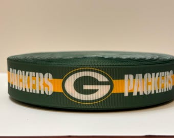 GREEN BAY PACKERS 1" Logos with Center Stripe on Green Grosgrain Ribbon  - 3 Yards