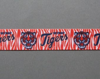 DETROIT TIGERS - 7/8" Alternating Logos on Orange Tiger-Striped Grosgrain Ribbon - 3 Yards